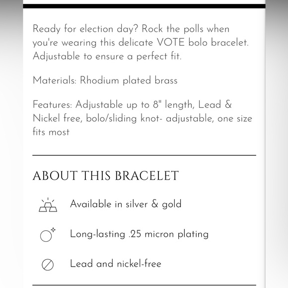 Sterling Forever VOTE Bolo Bracelet-Rhodium Plated Brass🩶 - Picture 3 of 5